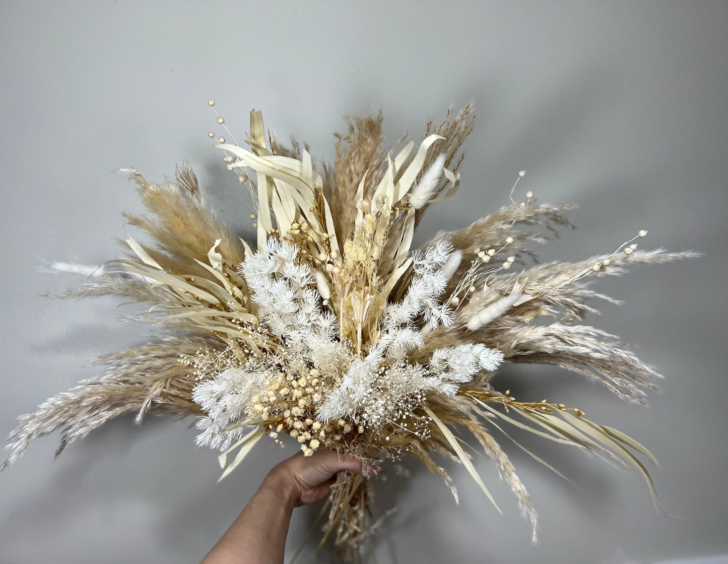 Wedding White Bridal Bouquet Boho Bouquet Bridesmaids Ivory Natural Baby Breath Bunny Tails Bouquet Pampas Grass Palms Leaves Dried Flowers