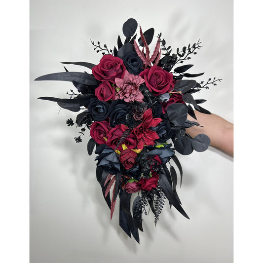 Wedding Cascade Black Bouquet Burgundy Gothic Bridal Halloween Cascading Bouquet Black Decor Burgundy Artificial Flower Bridesmaids Black