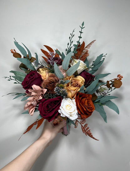 Wedding Bouquet Rust Burgundy Dusty Rose Bouquet Bridal Terracotta Cinnamon Bridesmaids Bouquet Burnt Orange Ivory Fall Artificial Flower