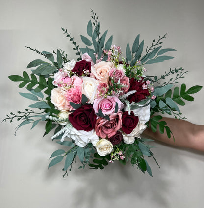 Wedding Bouquet Burgundy Pink Bridal Wedding Rustic Bouquet Dusty Rose Bridesmaids White Eucalyptus Handmade Pink Wild Flower Artificial