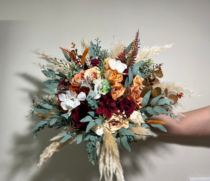 Wedding Bouquet Rust Burgundy Bouquet Bridal Terracotta Pampas Grass Bridesmaids Bouquet Burnt Orange Ivory Fall Hydrangea Artificial Flower