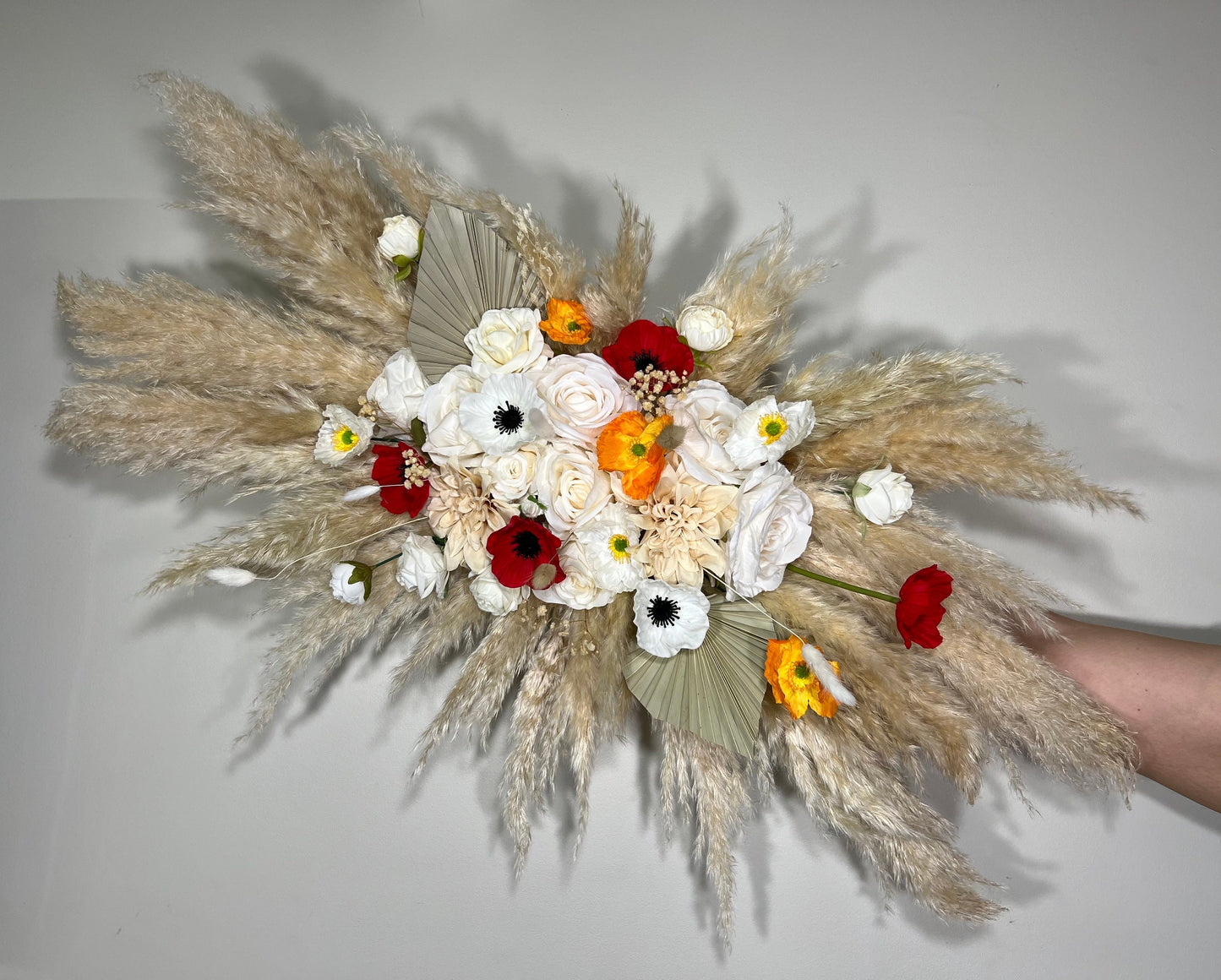 Wedding Arch Arrangement White Boho Anemone Arch Aisle Poppy Arrangement Arbor Pampas Grass Ivory Terracotta Arch Palms Leaves Red Poppies