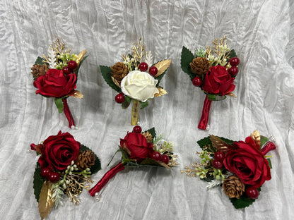 Christmas Boutonniere Wedding Groom White Red Boutonnières Groomsmen Ivory Boutonnière Christmas Groom Winter Pine Cone Artificial Flowers