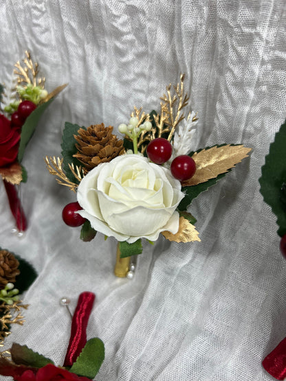 Christmas Boutonniere Wedding Groom White Red Boutonnières Groomsmen Ivory Boutonnière Christmas Groom Winter Pine Cone Artificial Flowers