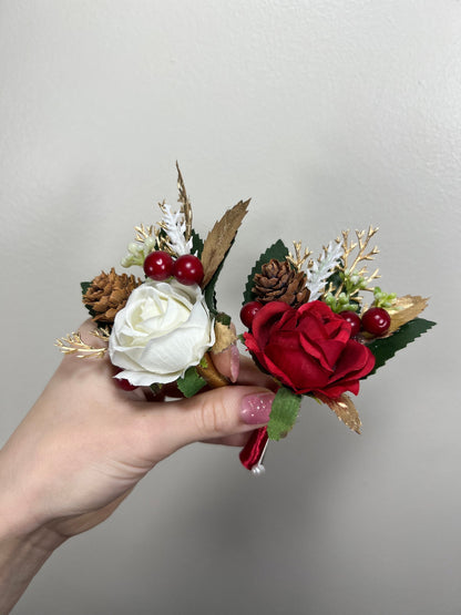 Christmas Boutonniere Wedding Groom White Red Boutonnières Groomsmen Ivory Boutonnière Christmas Groom Winter Pine Cone Artificial Flowers