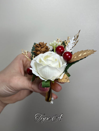 Christmas Boutonniere Wedding Groom White Red Boutonnières Groomsmen Ivory Boutonnière Christmas Groom Winter Pine Cone Artificial Flowers