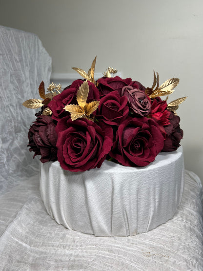 Wedding Cake Decoration Burgundy Large Topper Decor Cake Arrangements Wedding Burgundy Cake Decor Maroon Gold Topper Cake Artificial Flowers