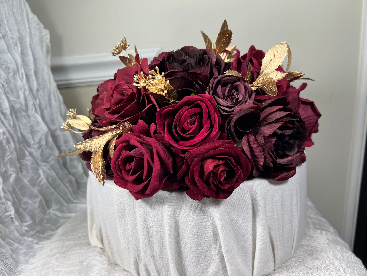 Wedding Cake Decoration Burgundy Large Topper Decor Cake Arrangements Wedding Burgundy Cake Decor Maroon Gold Topper Cake Artificial Flowers