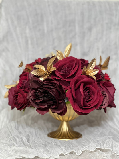 Wedding Centerpiece Burgundy Decor Table Centerpiece Maroon Wedding Gold Table Centerpiece Gold Vase Rustic Burgundy Artificial Flower