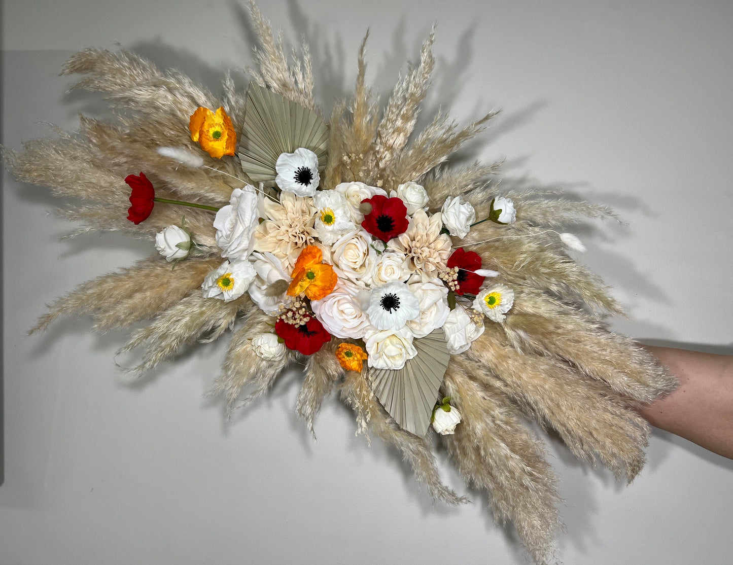 Wedding Arch Arrangement White Boho Anemone Arch Aisle Poppy Arrangement Arbor Pampas Grass Ivory Terracotta Arch Palms Leaves Red Poppies