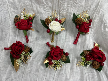 Christmas Boutonniere Wedding Groom White Red Boutonnières Groomsmen Ivory Boutonnière Christmas Groom Winter Pine Cone Artificial Flowers