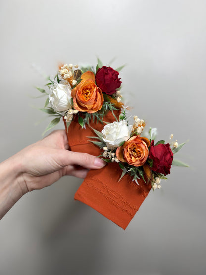 Wedding Pocket Boutonniere Terracotta Groom Boutonnière Squere Groomsmen Rust White Burnt Orange Ivory Boutonniere Red Artificial Flowers