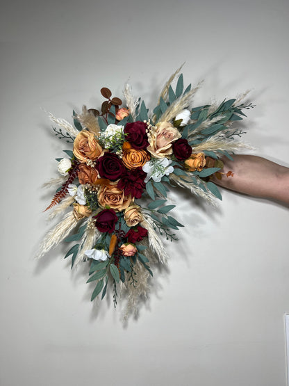 Wedding Corner Arch Arrangement Rust Boho Terracotta Burnt Orange Corner Arch Aisle Arrangement Burgundy Arbor Pampas Grass Swag Home Decor