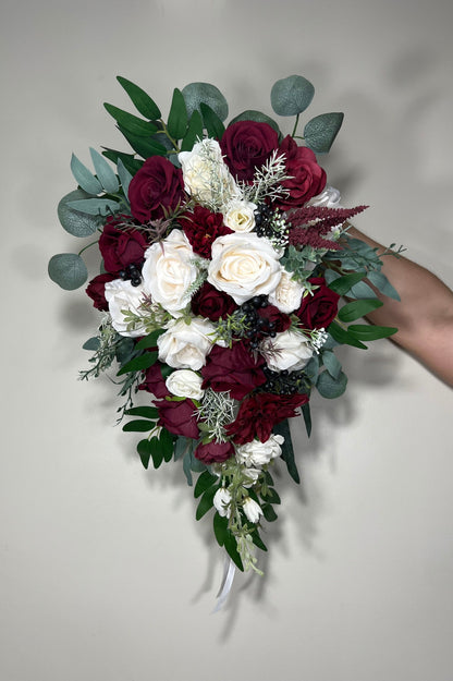 Wedding Christmas Bouquet Cascade Bridal Burgundy Cascading White Winter Bridesmaids Bouquet Christmas Ivory Rustic Christmas Tree