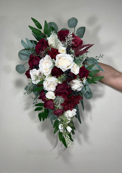 Wedding Christmas Bouquet Cascade Bridal Burgundy Cascading White Winter Bridesmaids Bouquet Christmas Ivory Rustic Christmas Tree