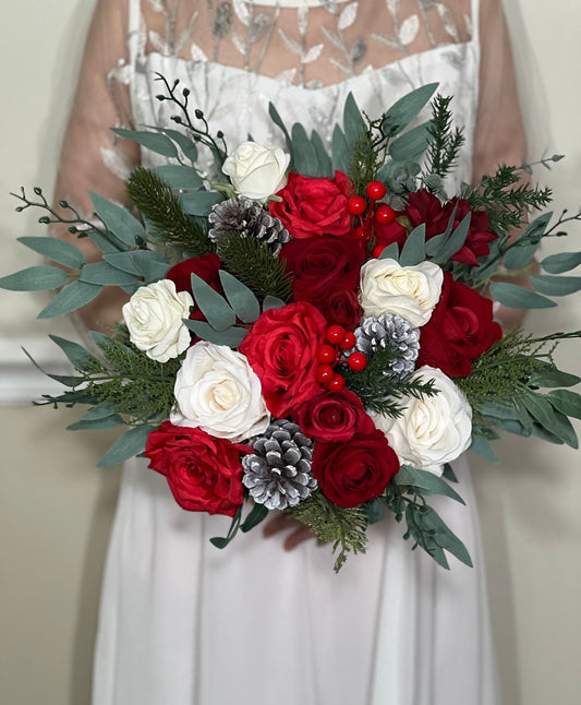 Wedding Christmas Bouquet Bridal Red White Winter Red Christmas Ivory Rustic Bridesmaids Bouquet Gold Christmas Tree Pine Cone