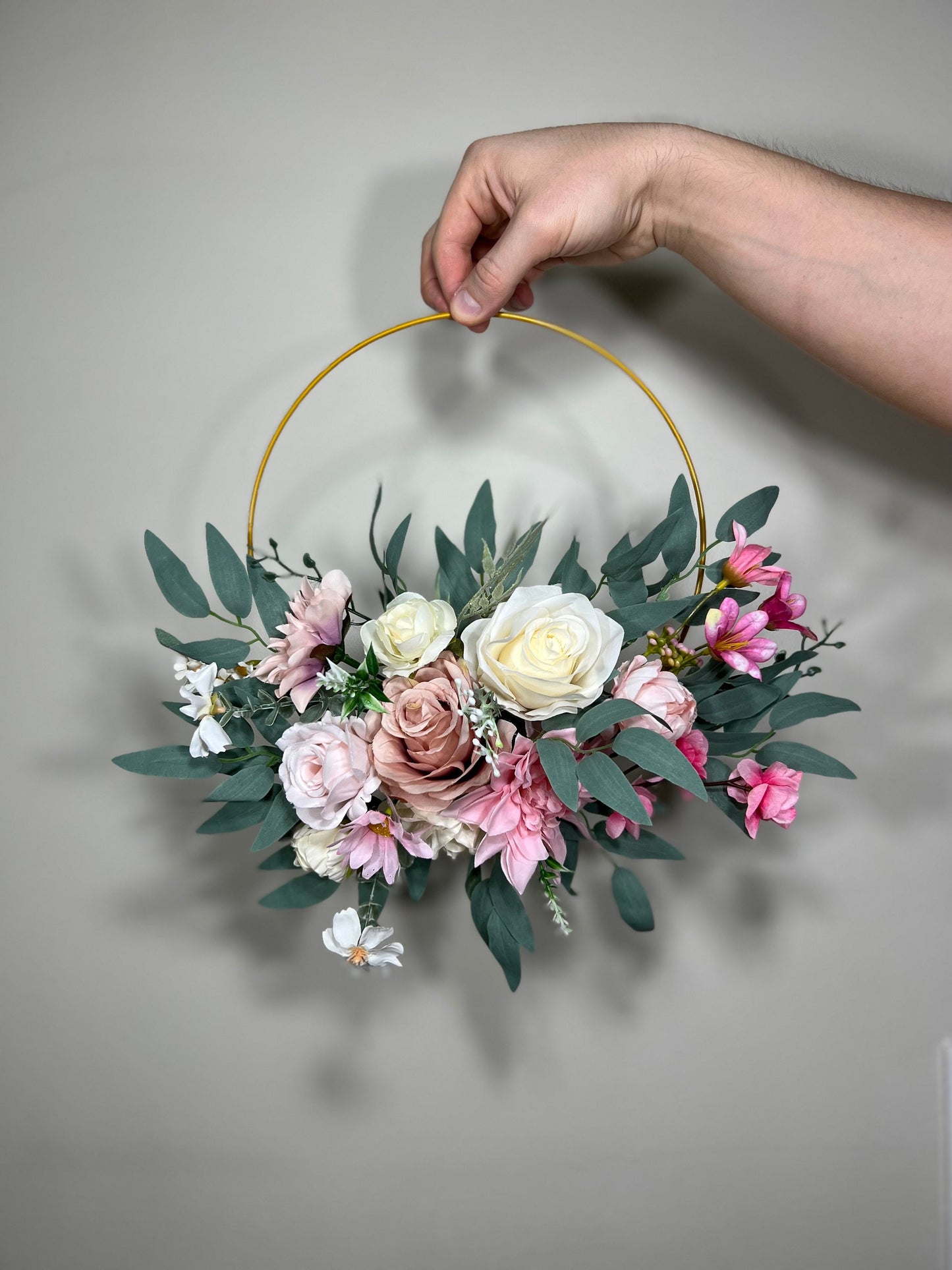 Wedding Hoop Pink White Floral Hoop Alternative Bridesmaids Bouquet Ring Dusty Rose Wreath Flower Girl Hoop Ivory Spring Artificial Flower