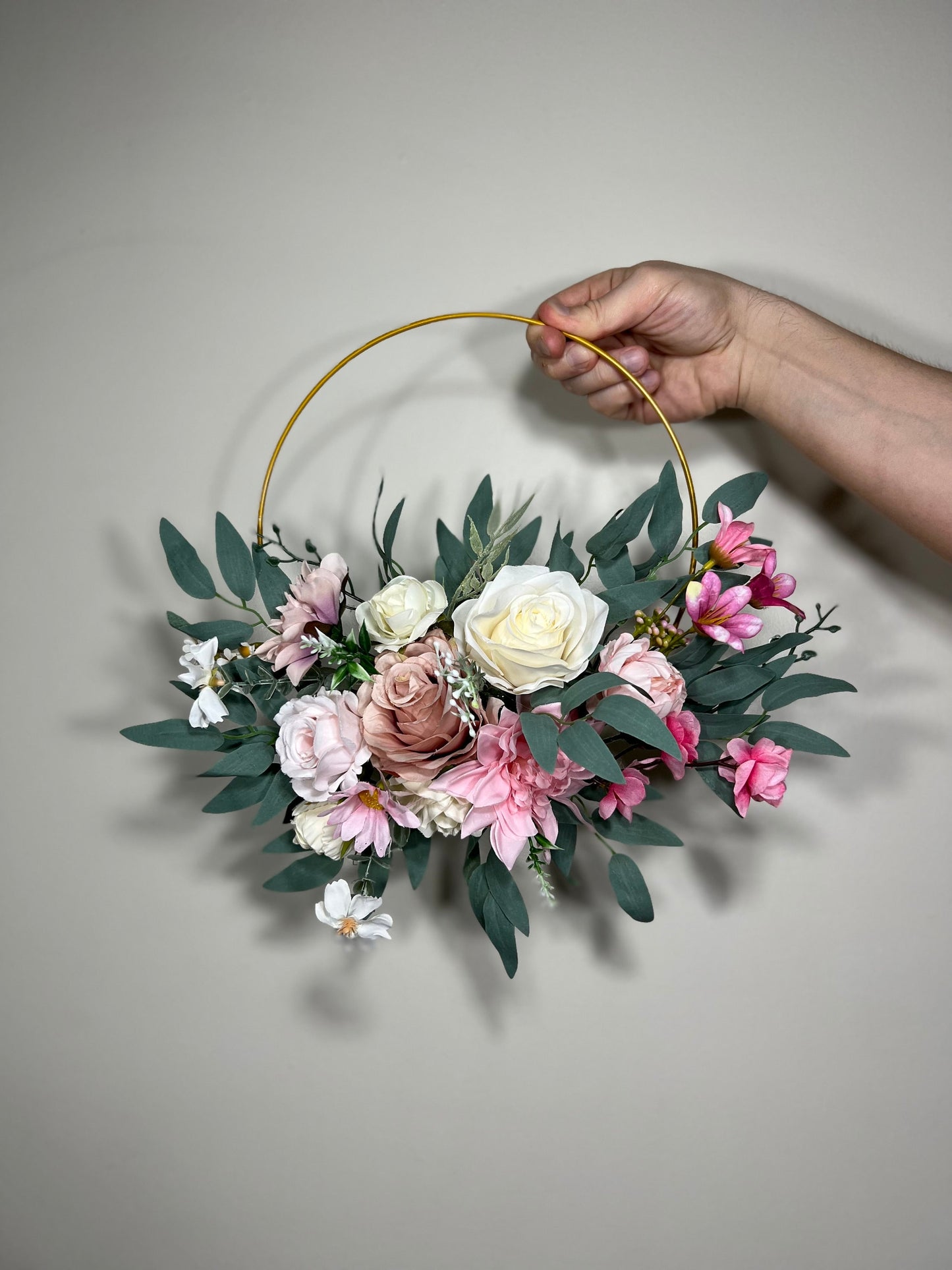 Wedding Hoop Pink White Floral Hoop Alternative Bridesmaids Bouquet Ring Dusty Rose Wreath Flower Girl Hoop Ivory Spring Artificial Flower