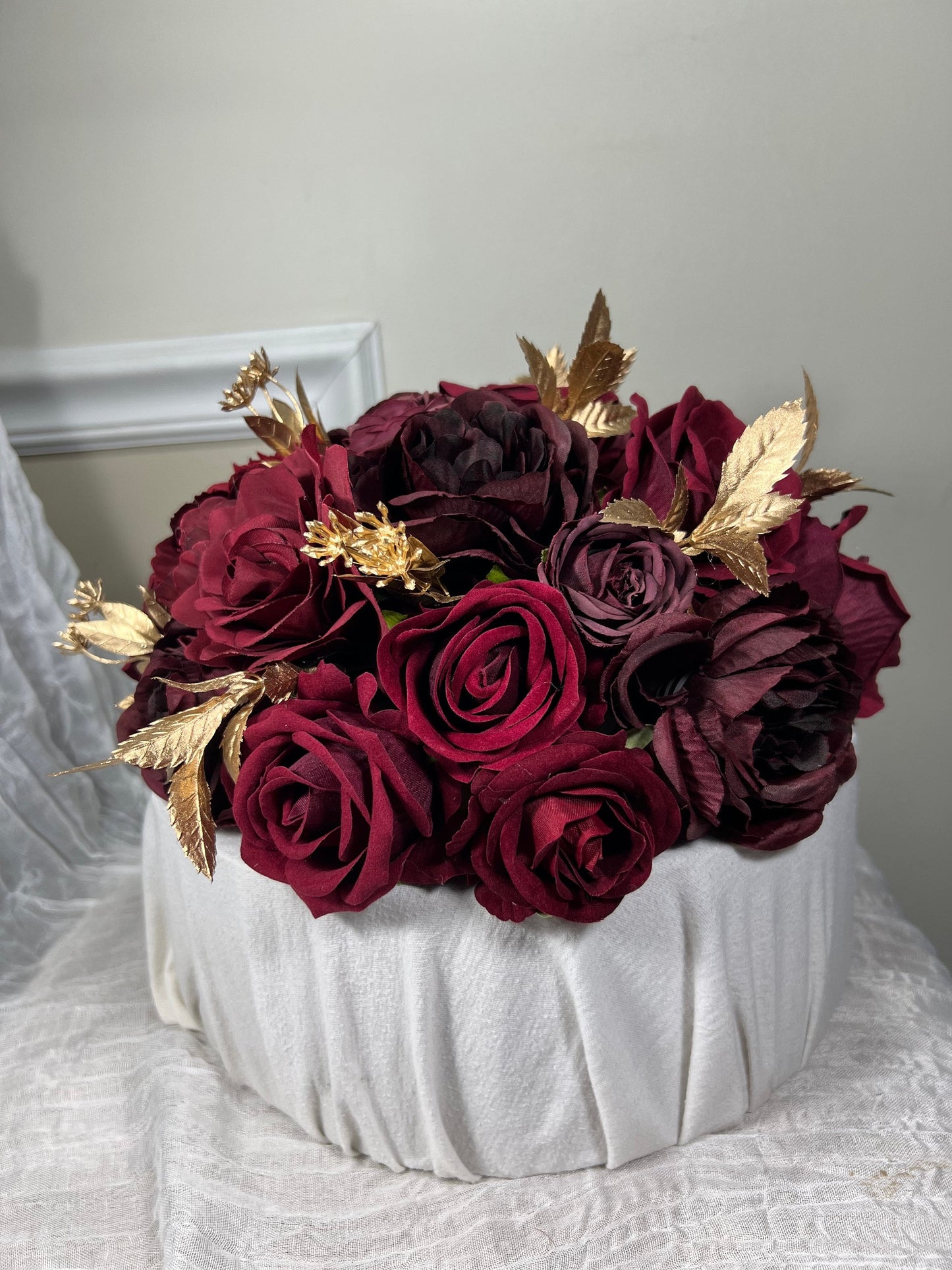 Wedding Cake Decoration Burgundy Large Topper Decor Cake Arrangements Wedding Burgundy Cake Decor Maroon Gold Topper Cake Artificial Flowers