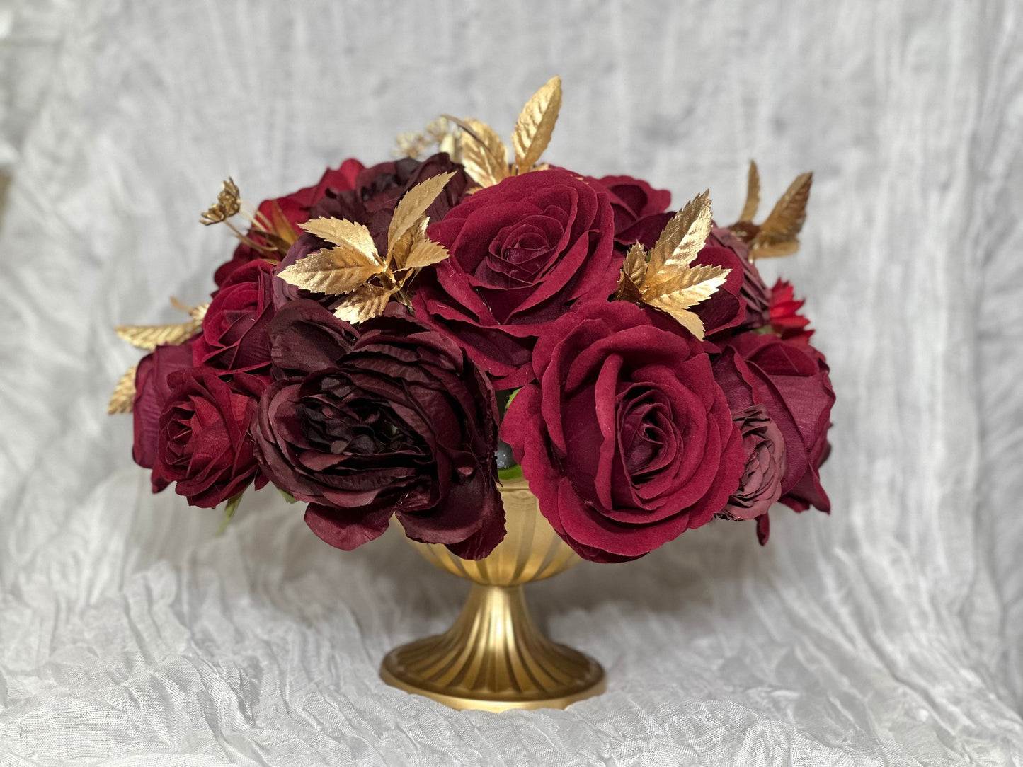 Wedding Centerpiece Burgundy Decor Table Centerpiece Maroon Wedding Gold Table Centerpiece Gold Vase Rustic Burgundy Artificial Flower