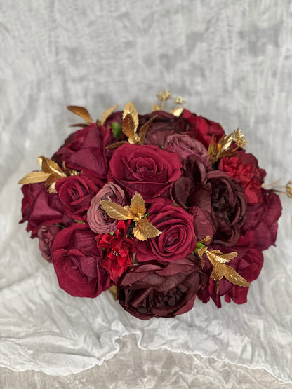 Wedding Centerpiece Burgundy Decor Table Centerpiece Maroon Wedding Gold Table Centerpiece Gold Vase Rustic Burgundy Artificial Flower