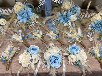 Wedding Boutonniere Blue Groom White Dusty Blue Boutonnières Groomsmen Ivory Corsage Boutonnière Groom Corsage Mom Artificial Flowers