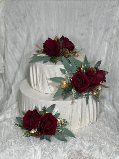 Wedding Cake Decor Christmas Burgundy Cake Topper Decoration Cake Arrangements Wedding Burgundy Cake Decor Gold Wedding Artificial Flowers