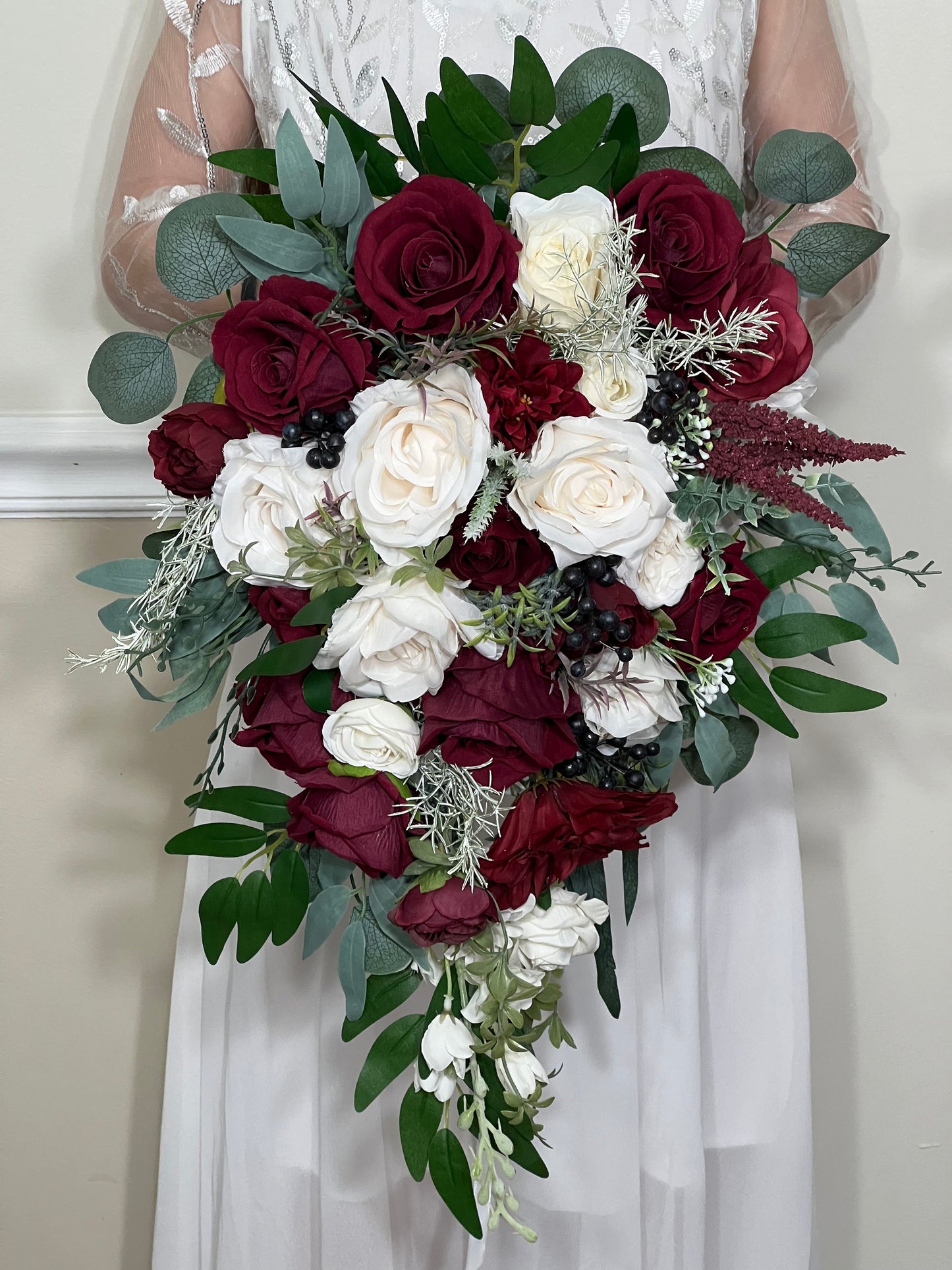 Wedding Christmas Bouquet Cascade Bridal Burgundy Cascading White Winter Bridesmaids Bouquet Christmas Ivory Rustic Christmas Tree