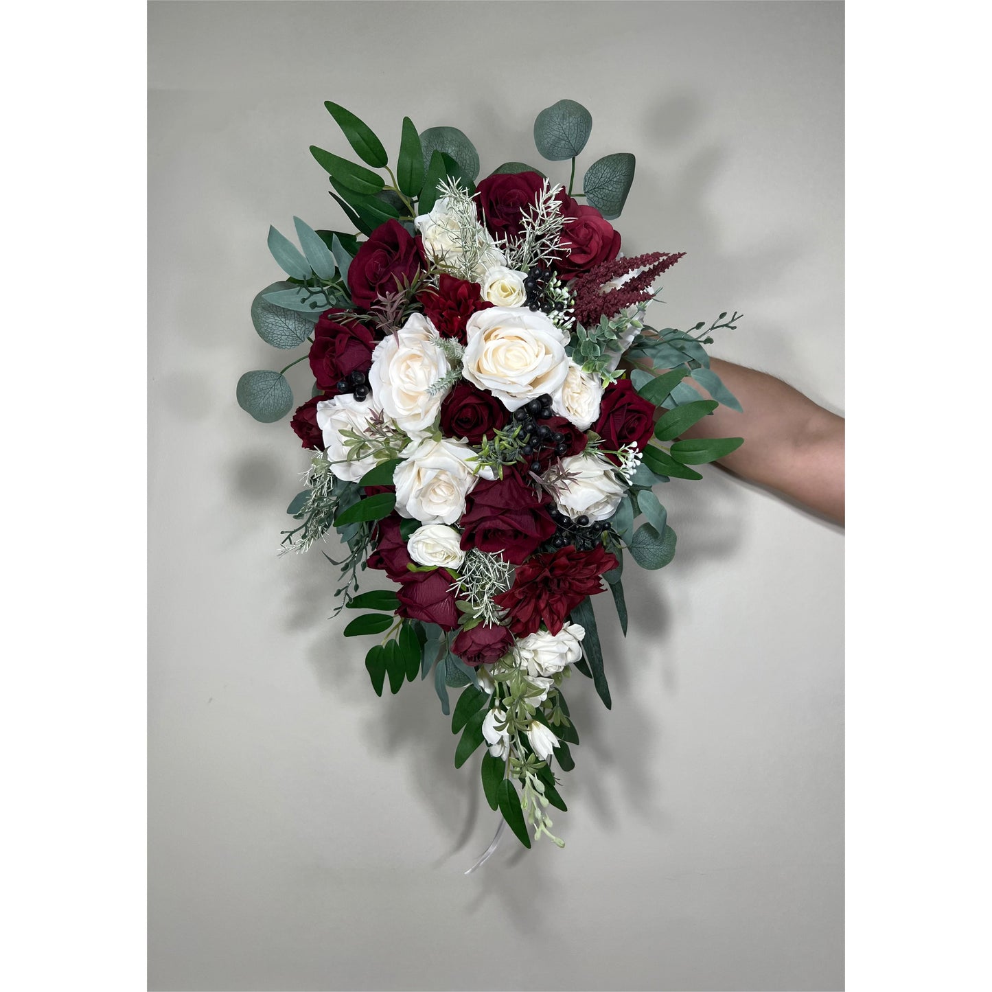 Wedding Christmas Bouquet Cascade Bridal Burgundy Cascading White Winter Bridesmaids Bouquet Christmas Ivory Rustic Christmas Tree