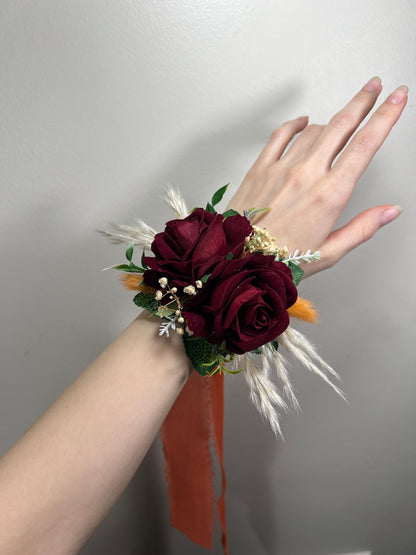 Wedding Burgundy Corsage Wedding Wrist Corsage Burgundy Bridesmaids Burgundy Corsage Mom Pampas Grass Baby Breath Artificial Flowers