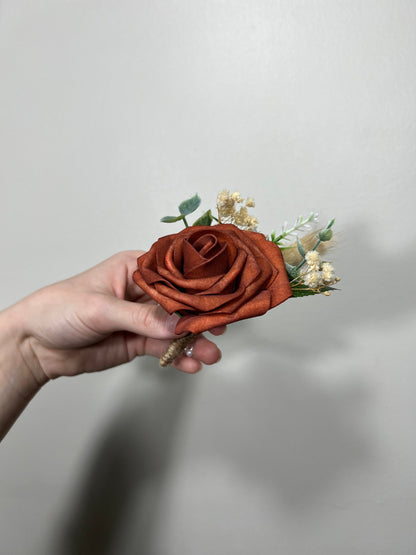 Rust Boutonniere Wedding Groom Burnt Orange Boutonnière Rust Groomsmen  Boutonnière Orange Groom Artificial Flowers Foam