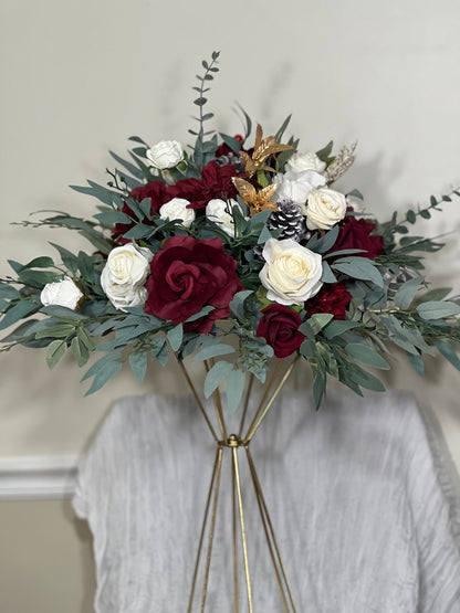 Wedding Centerpiece Christmas Red Table Flower Ball Decoration Burgundy Table Centerpiece Barrel White Whiskey Winter Ivory Greenery