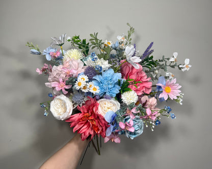 Summer Wedding Bouquet Wild Flower Pink Bridal White Spring Bouquet Pink Blush Blue Bridesmaids Bouquet Blue Wild Flower Artificial