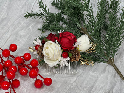 Flower Hair Comb Wedding White Christmas Head Piece Red Winter Hair Comb Bridal Wedding Hair Accessories Hair Comb Artificial Flower