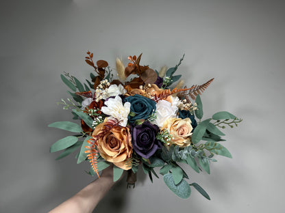 Wedding Dark Teal Bouquet Rust Orange Bridal Purple Bridesmaids Bouquet Terracotta Dark Purple Artificial Flowers Dark Teal White