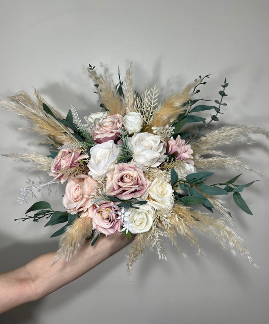 Wedding Dusty Rose Bouquet Bridal White Boho Dusty Rose Bouquet Pampas Grass Bridesmaids Bouquet Pink Greenery Ivory Artificial Faux Flower