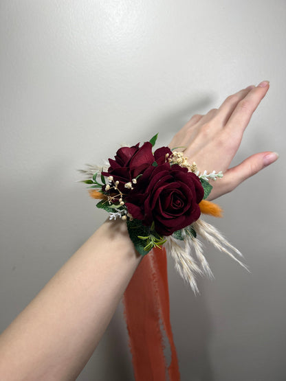 Wedding Burgundy Corsage Wedding Wrist Corsage Burgundy Bridesmaids Burgundy Corsage Mom Pampas Grass Baby Breath Artificial Flowers