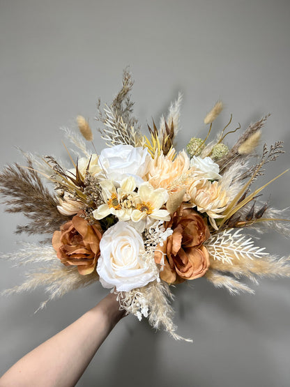 Wedding White Bouquet Boho Brown Bridesmaids Bouquet Pampas Grass Cinnamon Bouquet Beige Ivory Brown Bouquet Artificial Flower