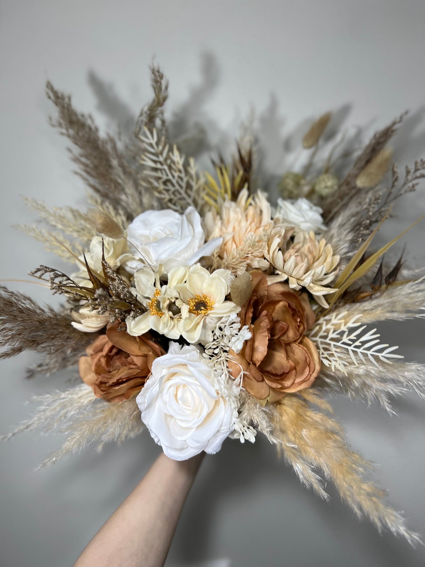 Wedding White Bouquet Boho Brown Bridesmaids Bouquet Pampas Grass Cinnamon Bouquet Beige Ivory Brown Bouquet Artificial Flower