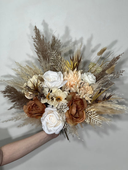 Wedding White Bouquet Boho Brown Bridesmaids Bouquet Pampas Grass Cinnamon Bouquet Beige Ivory Brown Bouquet Artificial Flower