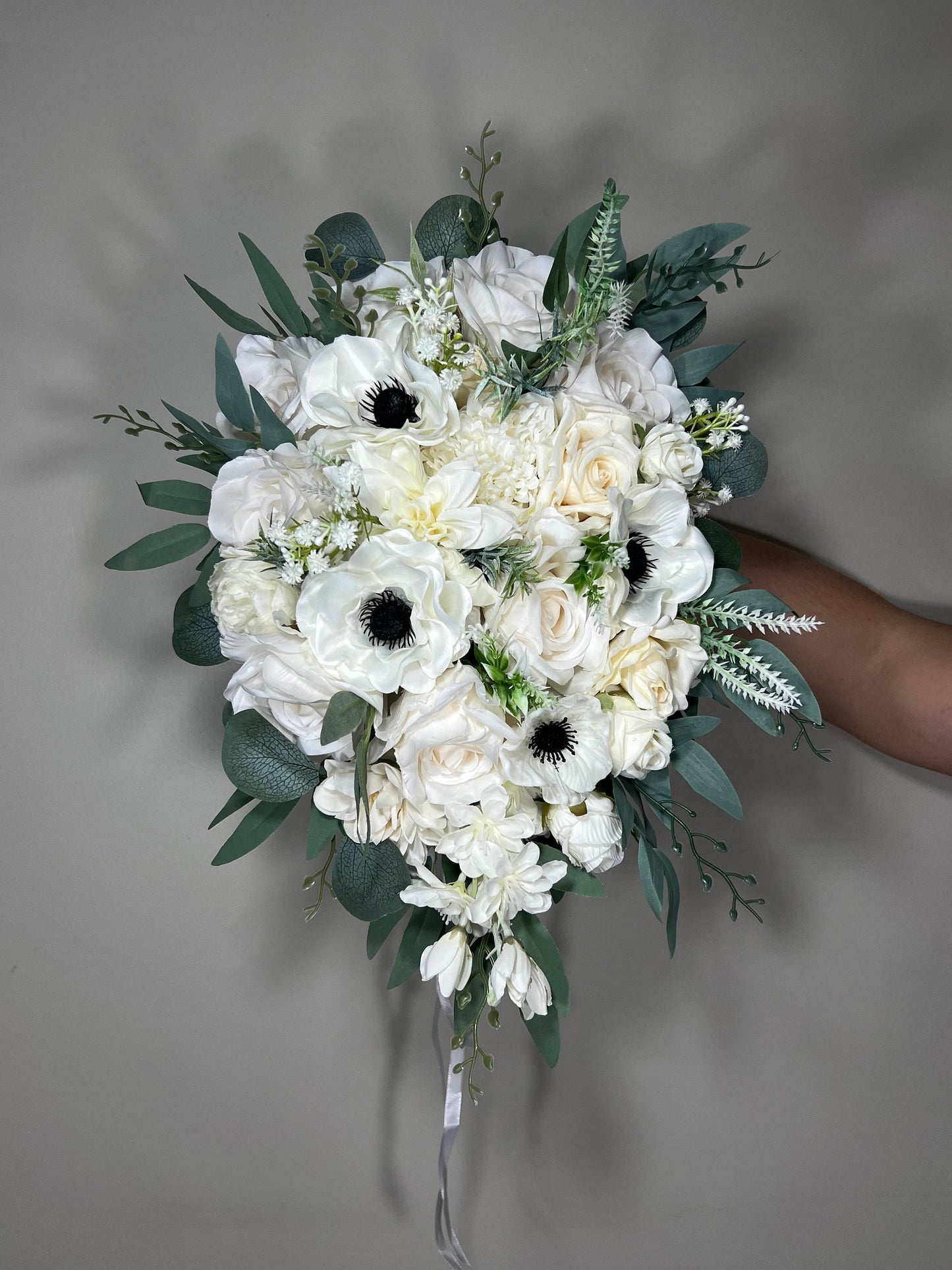 Wedding Cascade Bouquet White Anemone Bridal Cascading Bouquet Anemone Ivory Sage Anemone Bridesmaids Bouquet Eucalyptus Artificial Flower