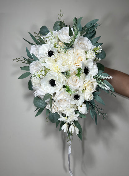 Wedding Cascade Bouquet White Anemone Bridal Cascading Bouquet Anemone Ivory Sage Anemone Bridesmaids Bouquet Eucalyptus Artificial Flower