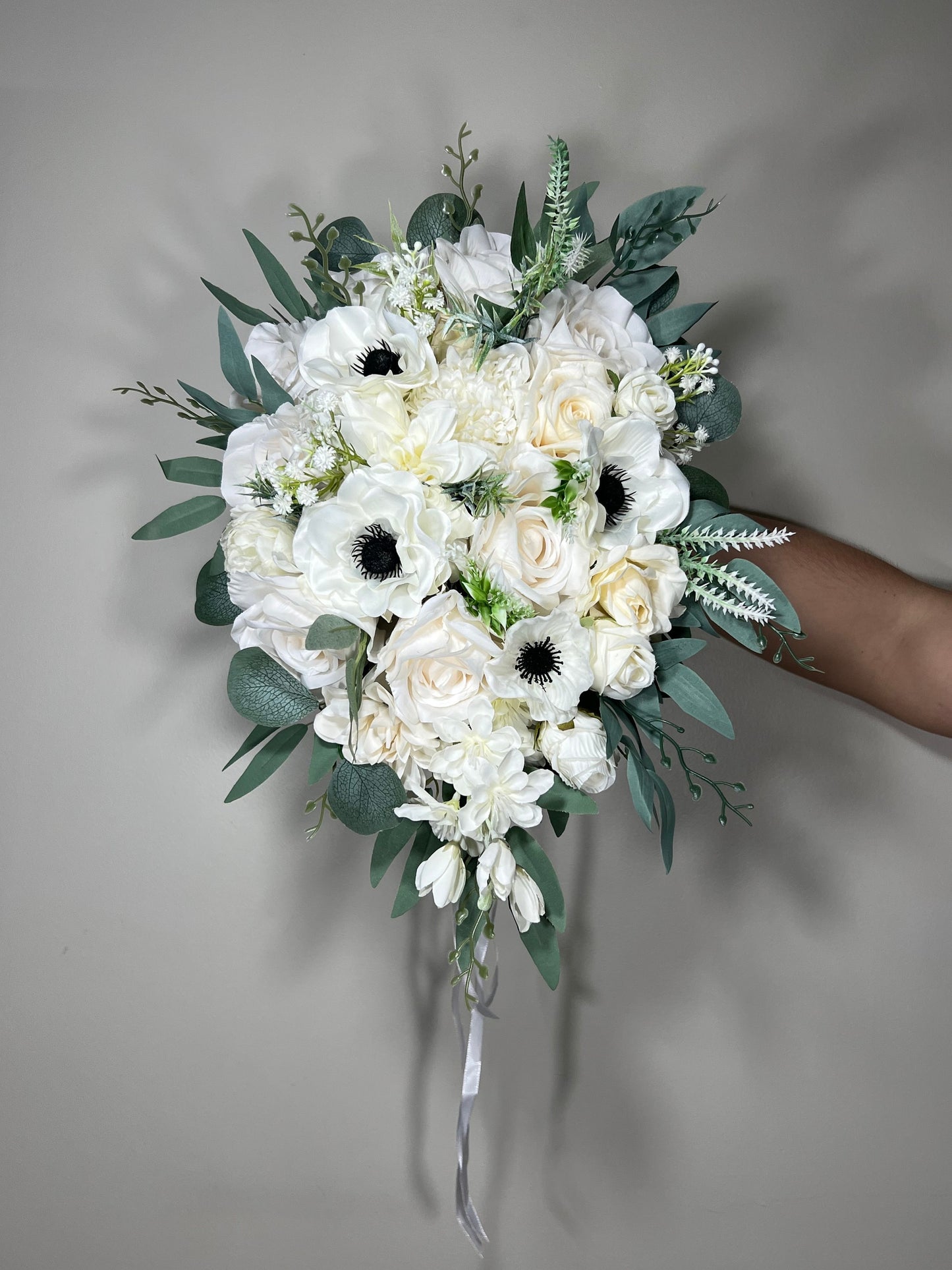 Wedding Cascade Bouquet White Anemone Bridal Cascading Bouquet Anemone Ivory Sage Anemone Bridesmaids Bouquet Eucalyptus Artificial Flower