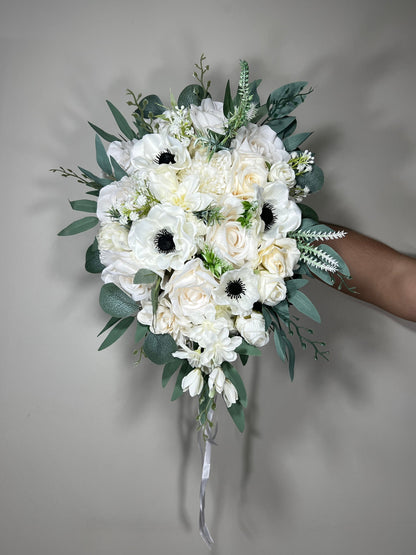 Wedding Cascade Bouquet White Anemone Bridal Cascading Bouquet Anemone Ivory Sage Anemone Bridesmaids Bouquet Eucalyptus Artificial Flower