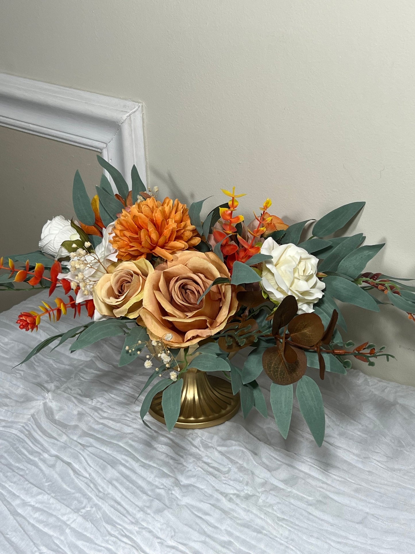 Wedding Centerpiece Terracotta Table Decor White Centerpiece Burnt Orange Table Rust Centerpiece Eucalyptus Gold Vase Artificial Flower