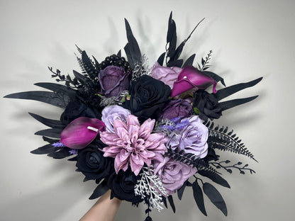 Wedding Bouquet Black Purple Bridal Gothic Bouquet Black Dark Purple Bridesmaids Bouquet Black Purple Calla Lily Artificial Flower