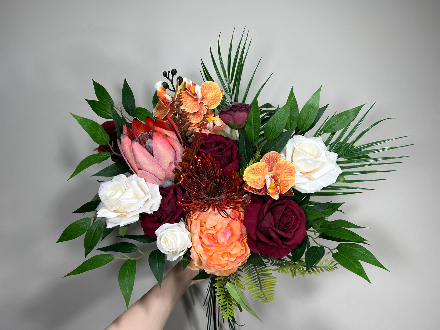 Wedding Bouquet Tropical Bridal White Orchid Bridesmaids Bouquet Protea Burgundy Orange Orchid Protea Ivory Artificial Flower