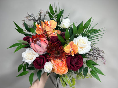 Wedding Bouquet Tropical Bridal White Orchid Bridesmaids Bouquet Protea Burgundy Orange Orchid Protea Ivory Artificial Flower