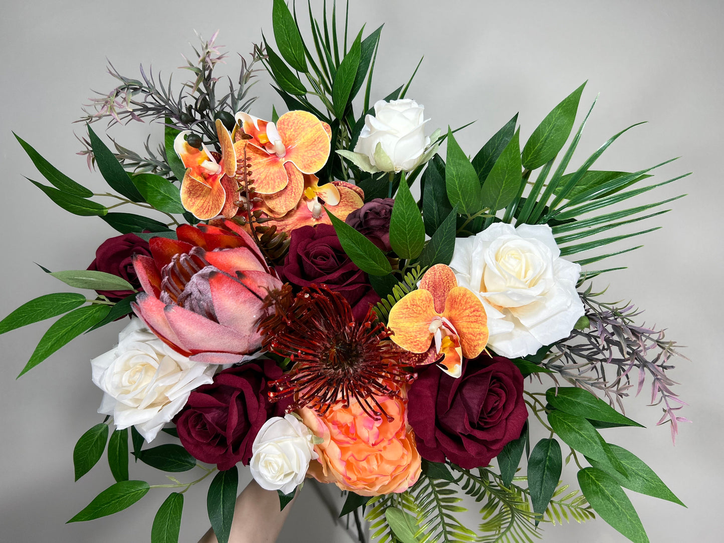 Wedding Bouquet Tropical Bridal White Orchid Bridesmaids Bouquet Protea Burgundy Orange Orchid Protea Ivory Artificial Flower