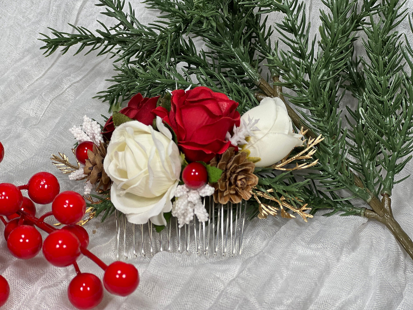 Flower Hair Comb Wedding White Christmas Head Piece Red Winter Hair Comb Bridal Wedding Hair Accessories Hair Comb Artificial Flower